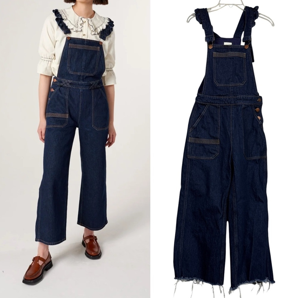 Anthropologie Seventy + Mochi Ruffle Strap Dark Wash Elodie Frill Overalls